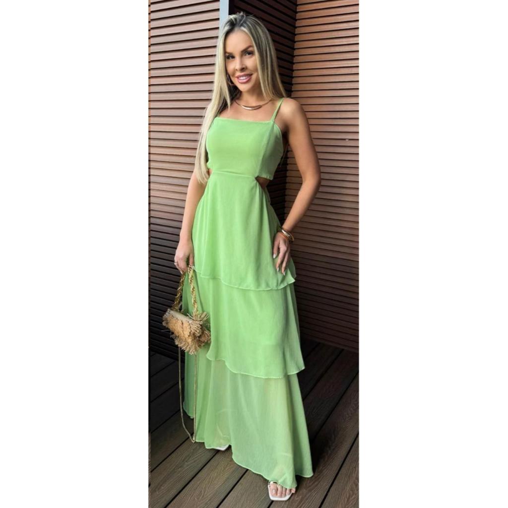 Vestido Longo Feminino de Alça – Chiffon, Babados e Amarração nas Costas