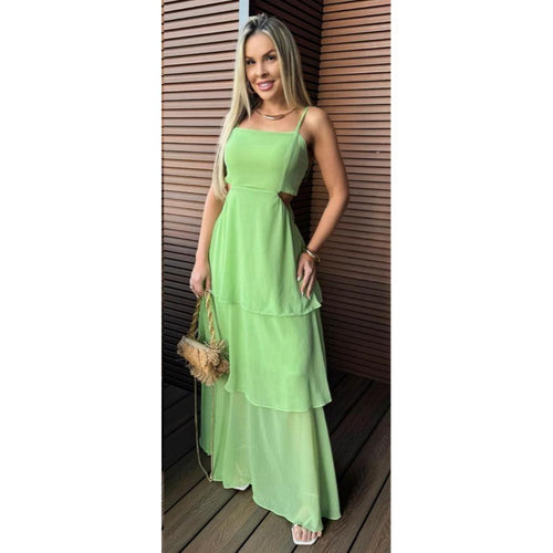 Vestido Longo Feminino de Alça – Chiffon, Babados e Amarração nas Costas