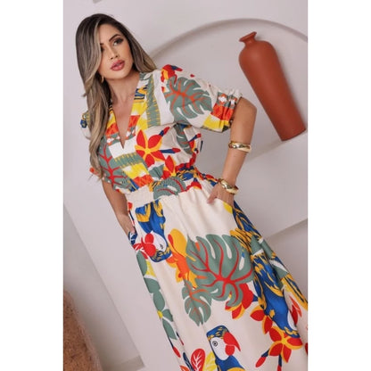 Vestido Longo Feminino Floral Tropical com Manga 3/4, Cintura em Lastex e Bolsos Laterais