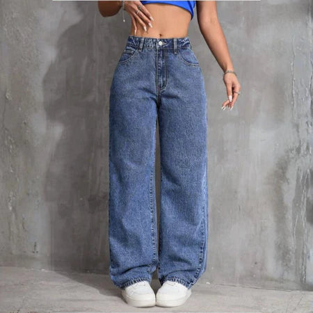 Calça Wide Leg Jeans Feminina Cintura Alta Pantalona