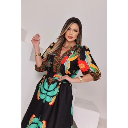 Vestido Longo Feminino Floral Tropical com Manga 3/4, Cintura em Lastex e Bolsos Laterais