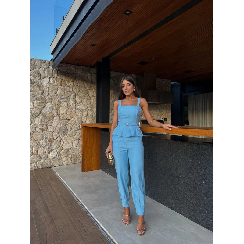 Conjunto Feminino Blusa Bata com Cinto e Calça de Alfaiataria