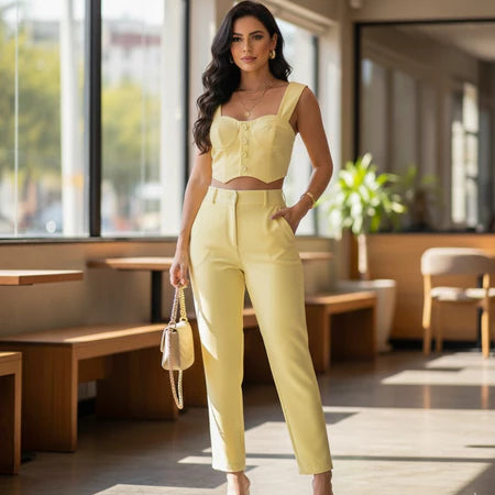 Conjunto Alfaiataria Fabiane – Cropped Top + Calça Feminina