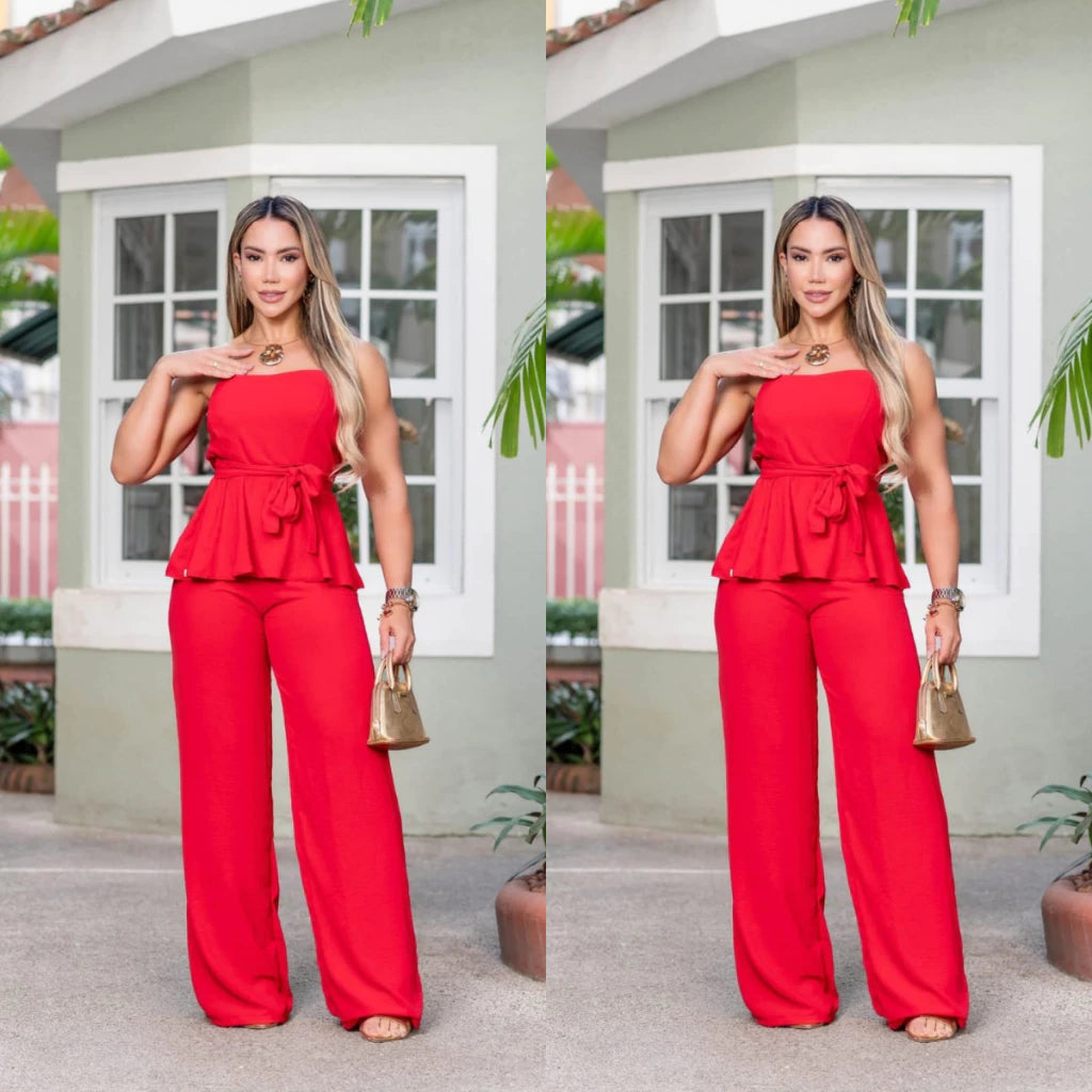 Conjunto Feminino Luxo Calça Pantalona e Blusa Tomara que Caia