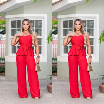 Conjunto Feminino Luxo Calça Pantalona e Blusa Tomara que Caia