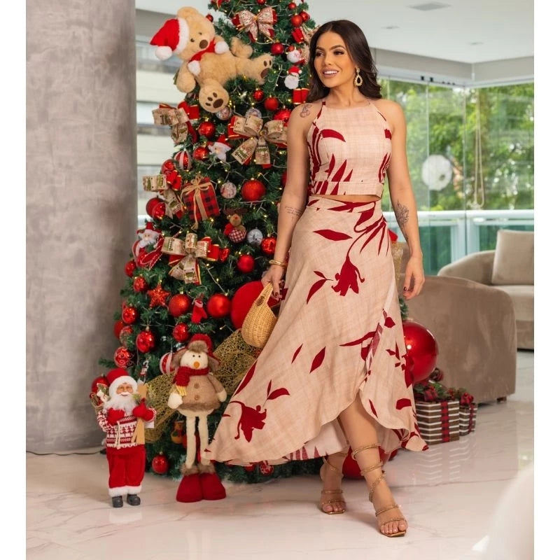 Conjunto Feminino Social Elegante em Viscolinho Estampado – Saia Envelope e Cropped