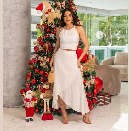 Conjunto Feminino Social Elegante em Viscolinho Estampado – Saia Envelope e Cropped