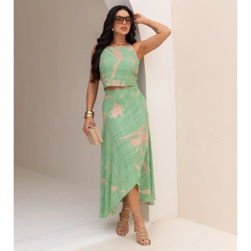 Conjunto Feminino Social Elegante em Viscolinho Estampado – Saia Envelope e Cropped