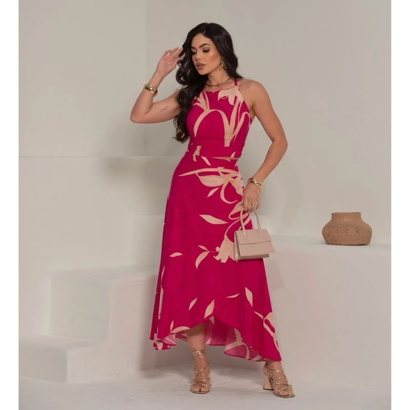 Conjunto Feminino Social Elegante em Viscolinho Estampado – Saia Envelope e Cropped