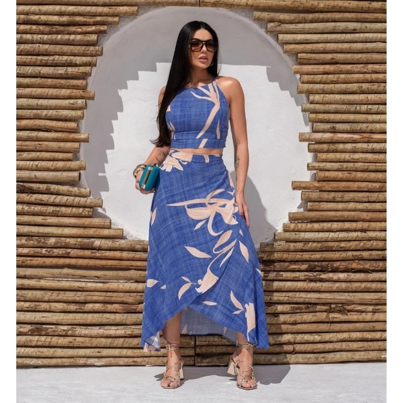 Conjunto Feminino Social Elegante em Viscolinho Estampado – Saia Envelope e Cropped