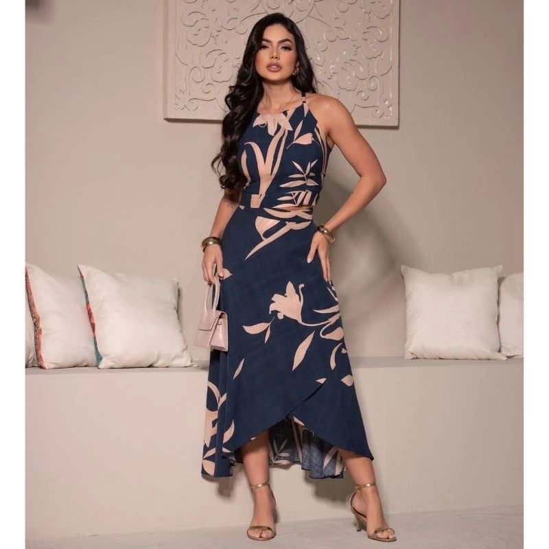 Conjunto Feminino Social Elegante em Viscolinho Estampado – Saia Envelope e Cropped