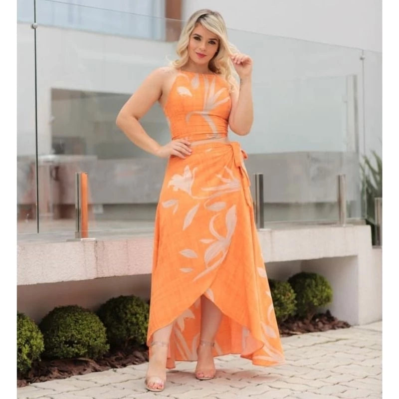 Conjunto Feminino Social Elegante em Viscolinho Estampado – Saia Envelope e Cropped