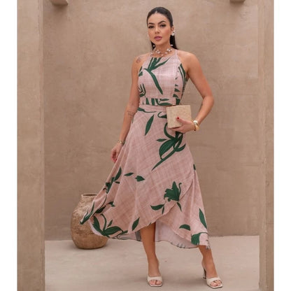 Conjunto Feminino Social Elegante em Viscolinho Estampado – Saia Envelope e Cropped