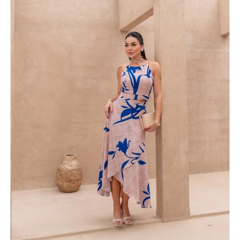 Conjunto Feminino Social Elegante em Viscolinho Estampado – Saia Envelope e Cropped