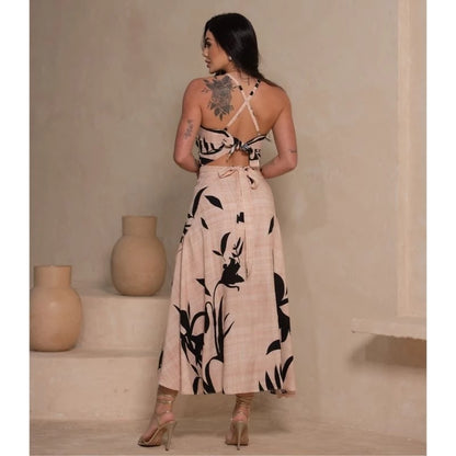 Conjunto Feminino Social Elegante em Viscolinho Estampado – Saia Envelope e Cropped