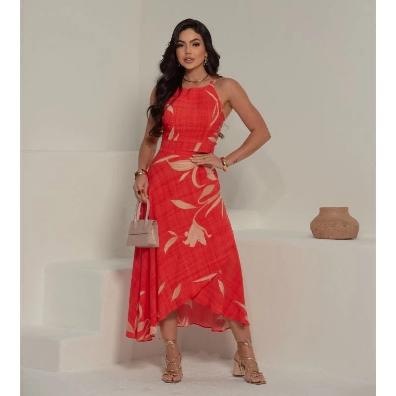 Conjunto Feminino Social Elegante em Viscolinho Estampado – Saia Envelope e Cropped