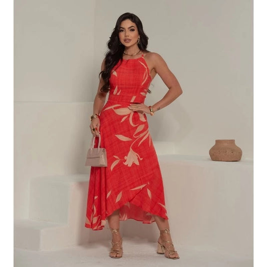 Conjunto Feminino Social Elegante em Viscolinho Estampado – Saia Envelope e Cropped