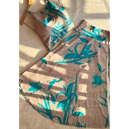 Conjunto Feminino Social Elegante em Viscolinho Estampado – Saia Envelope e Cropped