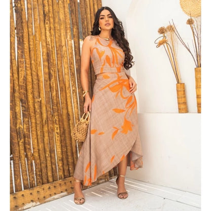 Conjunto Feminino Social Elegante em Viscolinho Estampado – Saia Envelope e Cropped