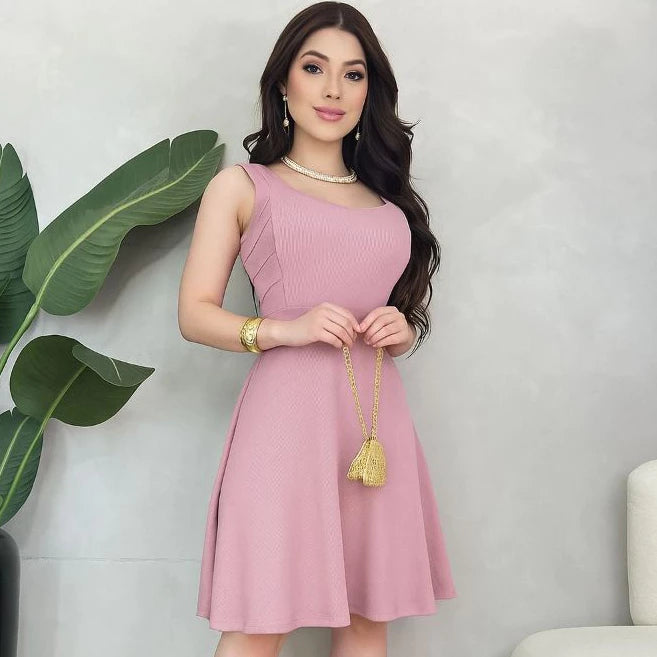 Vestido Rodado Feminino com Alça Larga e Pregas – Soltinho e Elegante