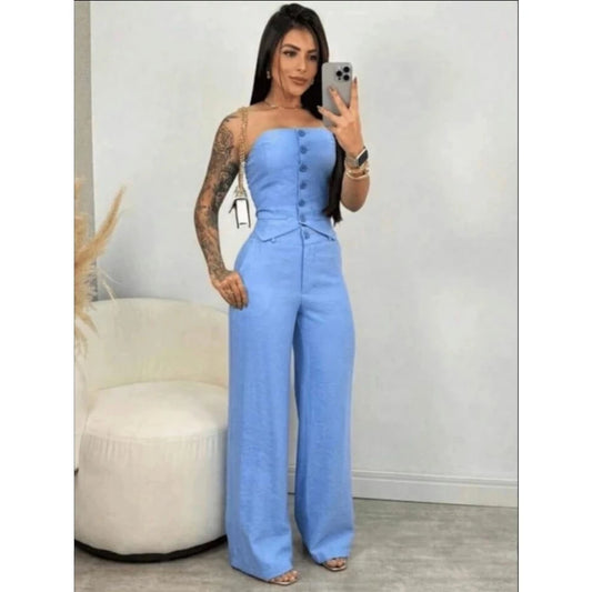 Conjunto Social Feminino Tomara-Que-Caia com Calça Pantalona em Alfaiataria