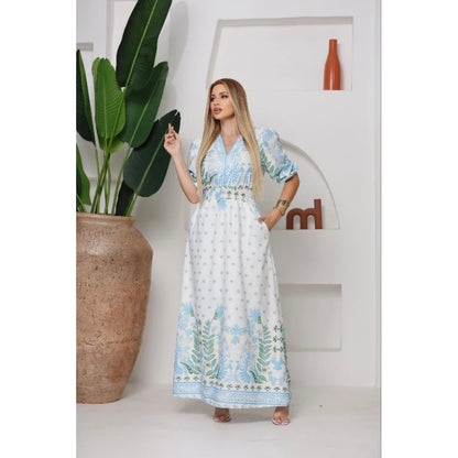 Vestido Longo Feminino Floral Tropical com Manga 3/4, Cintura em Lastex e Bolsos Laterais