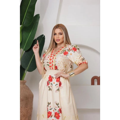 Vestido Longo Feminino Floral Tropical com Manga 3/4, Cintura em Lastex e Bolsos Laterais