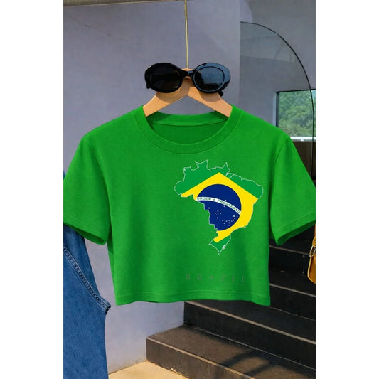 Blusa Cropped Feminina em Algodão Premium Estampada Bandeira do Brasil – Edição Copa