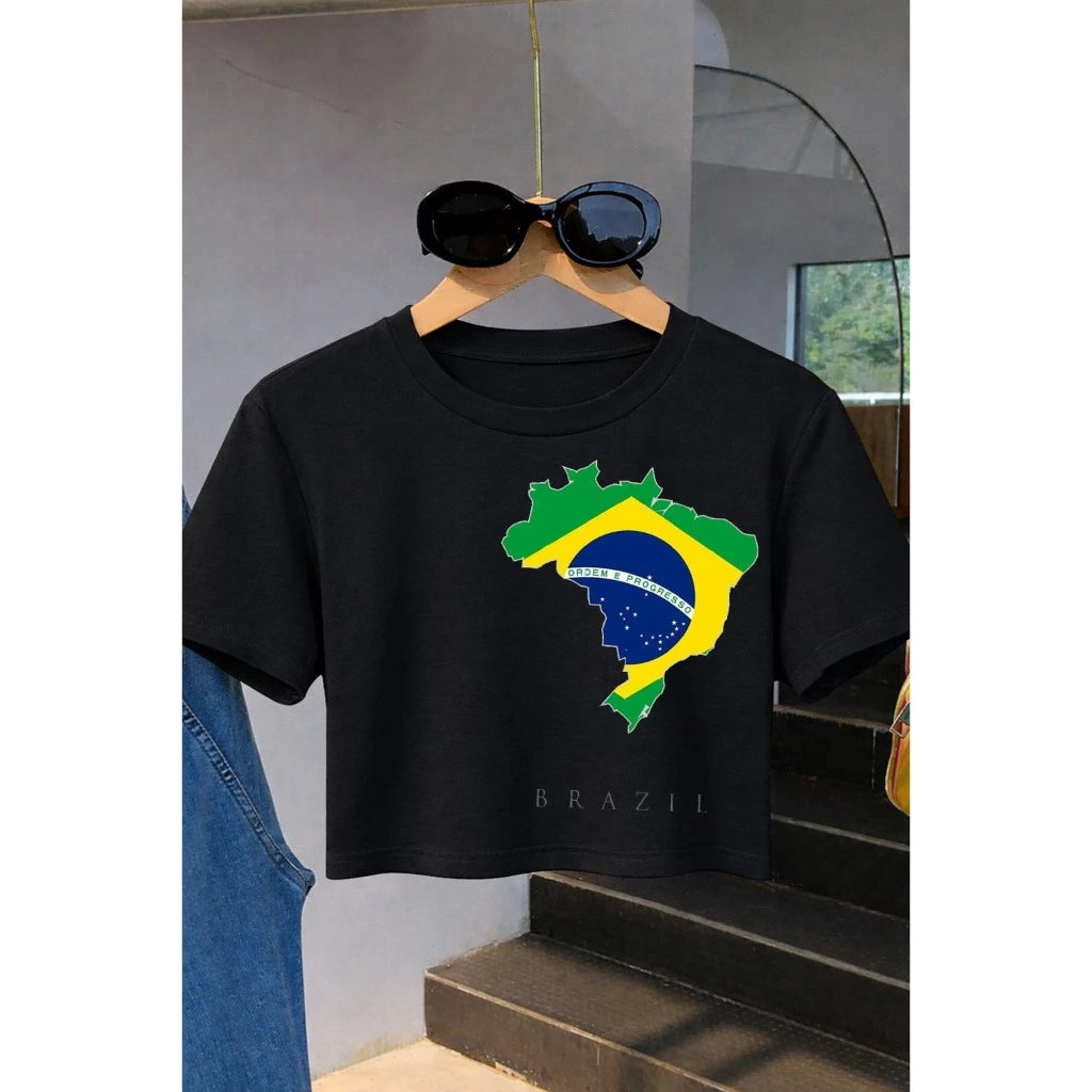 Blusa Cropped Feminina em Algodão Premium Estampada Bandeira do Brasil – Edição Copa