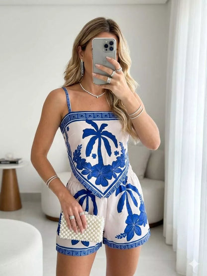 Conjunto Feminino Estampa Tropical Estilo Bandana com Cropped e Short Forrado – Tendência Verão