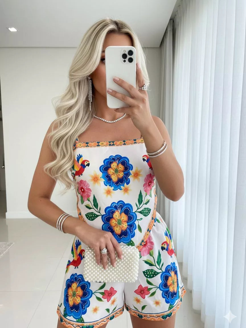 Conjunto Feminino Estampa Tropical Estilo Bandana com Cropped e Short Forrado – Tendência Verão