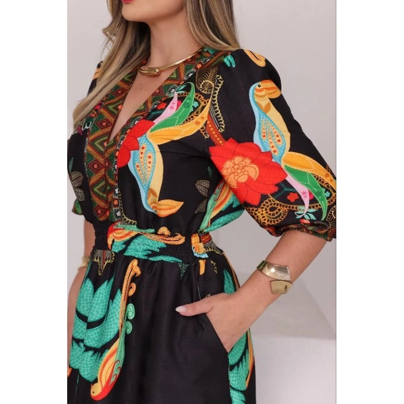 Vestido Longo Feminino Floral Tropical com Manga 3/4, Cintura em Lastex e Bolsos Laterais