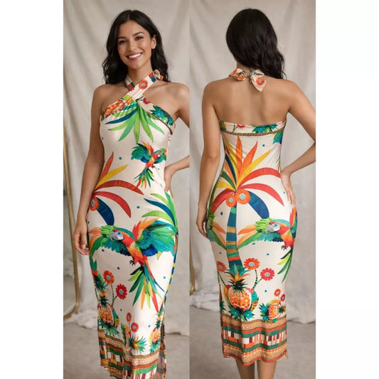 Vestido Longo Feminino Tropical Estampado com Fenda Lateral e Alças Cruzadas