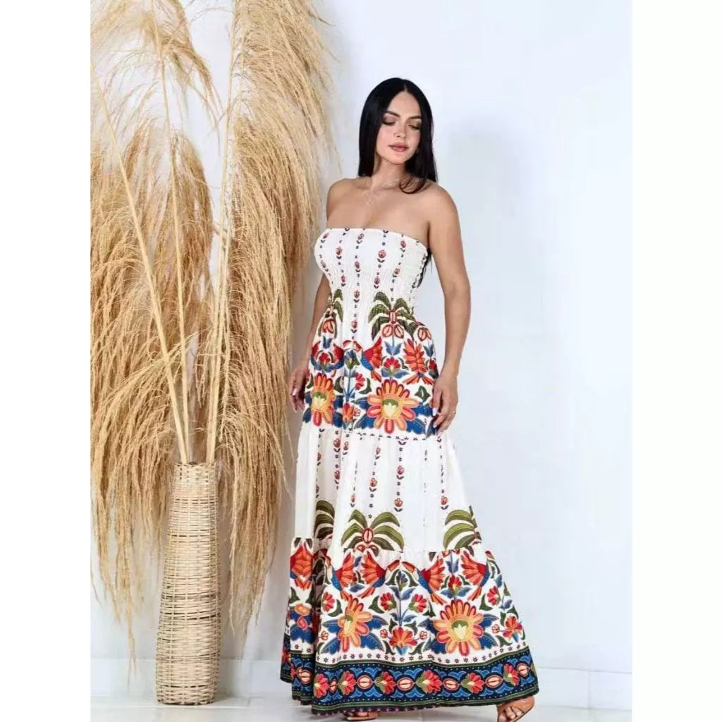 Vestido Longo Feminino Tropical Tomara que Caia Estampado – Leve e Elegante