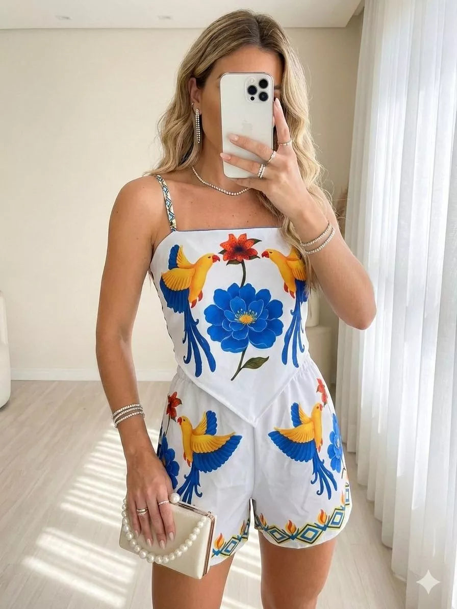 Conjunto Feminino Estampa Tropical Estilo Bandana com Cropped e Short Forrado – Tendência Verão