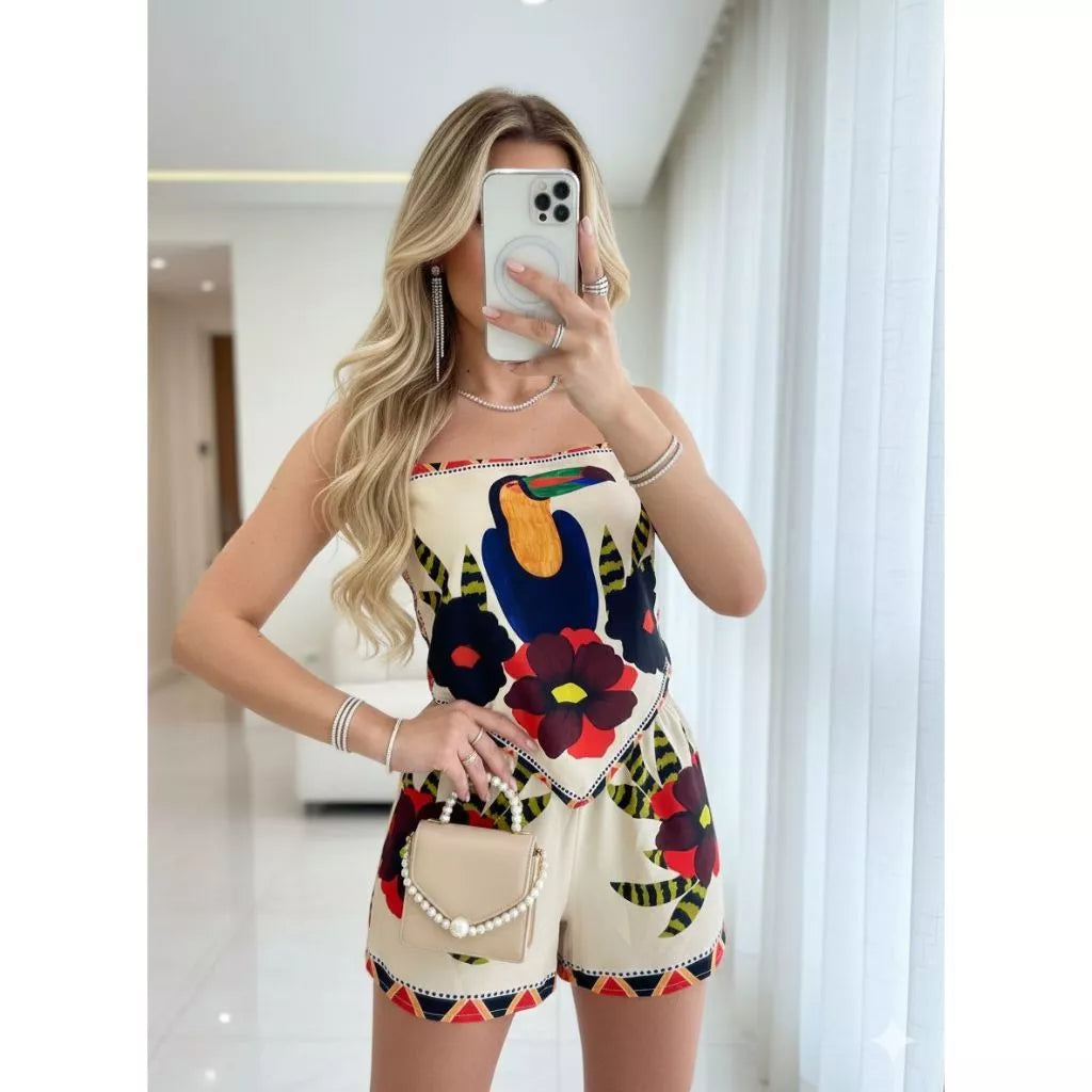 Conjunto Feminino Estampa Tropical Estilo Bandana com Cropped e Short Forrado – Tendência Verão