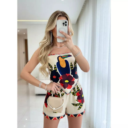 Conjunto Feminino Estampa Tropical Estilo Bandana com Cropped e Short Forrado – Tendência Verão