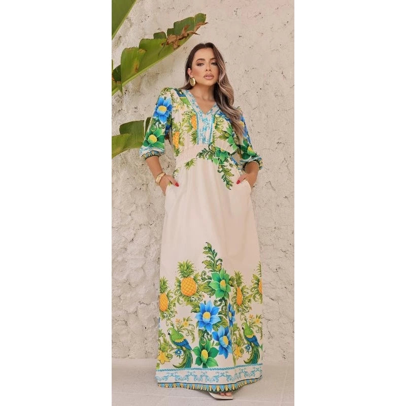 Vestido Longo Feminino Floral Tropical com Manga 3/4, Cintura em Lastex e Bolsos Laterais