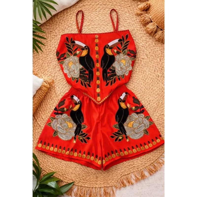 Conjunto Feminino Estampa Tropical Estilo Bandana com Cropped e Short Forrado – Tendência Verão