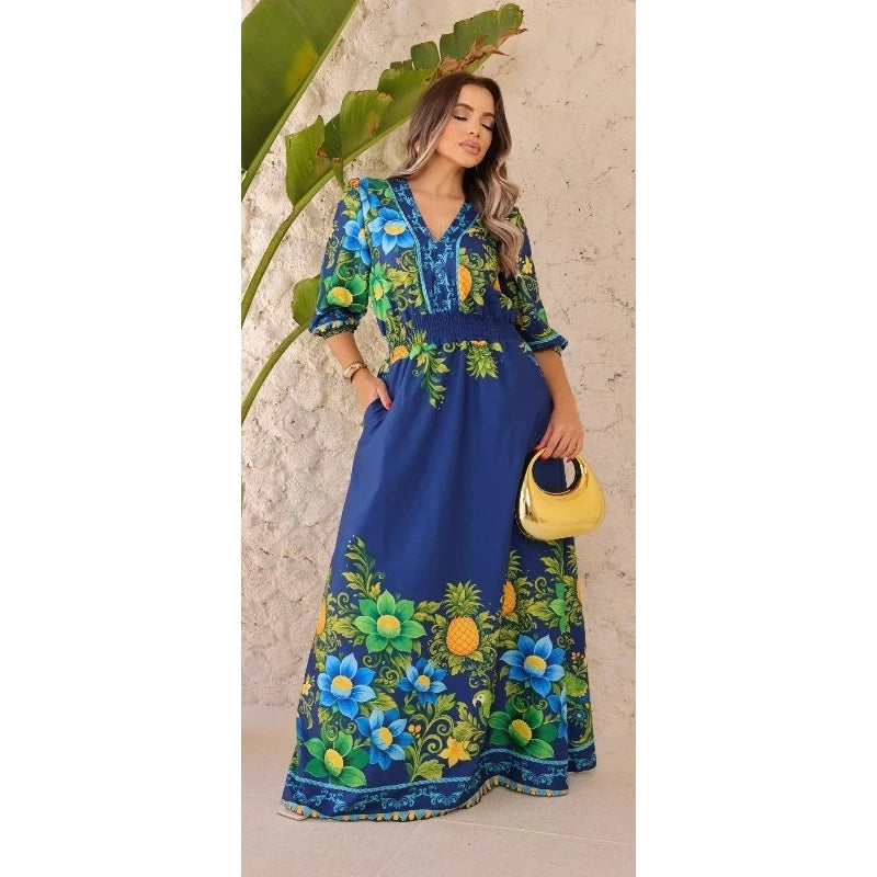 Vestido Longo Feminino Floral Tropical com Manga 3/4, Cintura em Lastex e Bolsos Laterais