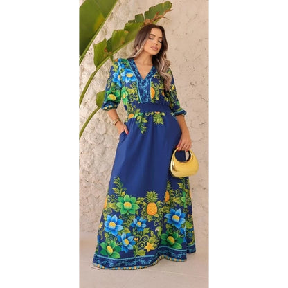 Vestido Longo Feminino Floral Tropical com Manga 3/4, Cintura em Lastex e Bolsos Laterais