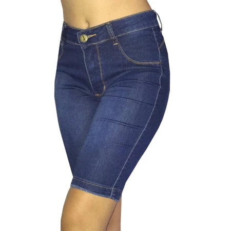 Bermuda Jeans Ciclista Feminina com Cós Alto e Lycra