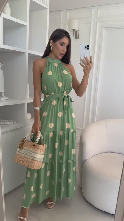 Vestido Longo Feminino com Gola Alta e Cinto – Estampa Bolinhas Elegante