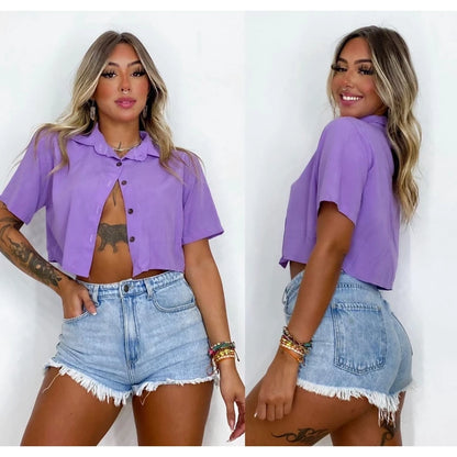 Cropped Camisa Social Botões Em Duna verão