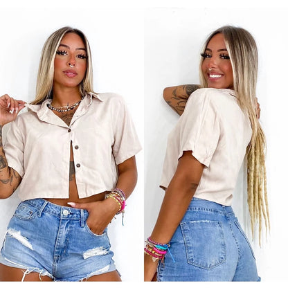 Cropped Camisa Social Botões Em Duna verão