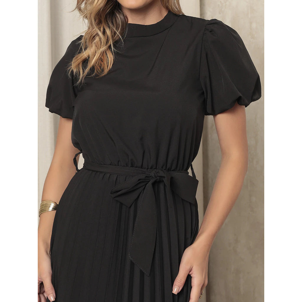 Vestido Midi Feminino em Crepinho com Mangas Bufantes, Saia Plissada e Cinto Ajustável