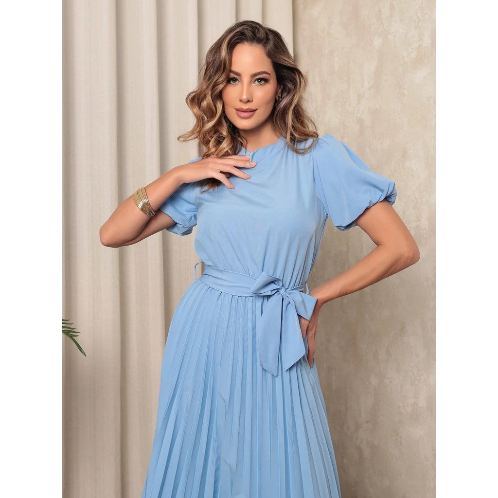 Vestido Midi Feminino em Crepinho com Mangas Bufantes, Saia Plissada e Cinto Ajustável