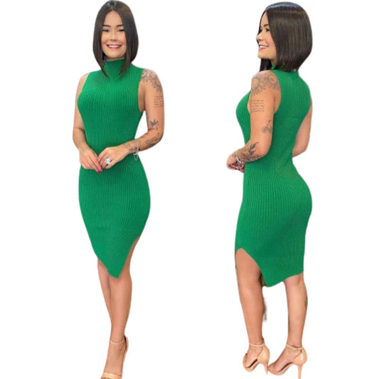 Vestido Feminino Midi Com Fenda Lateral - Malha Canelada