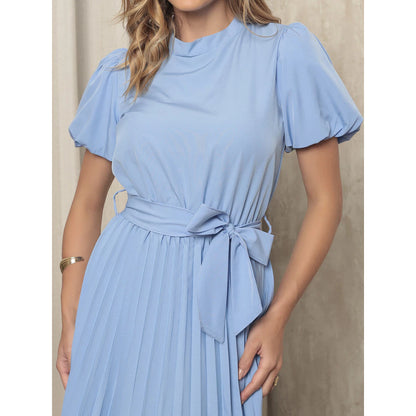 Vestido Midi Feminino em Crepinho com Mangas Bufantes, Saia Plissada e Cinto Ajustável