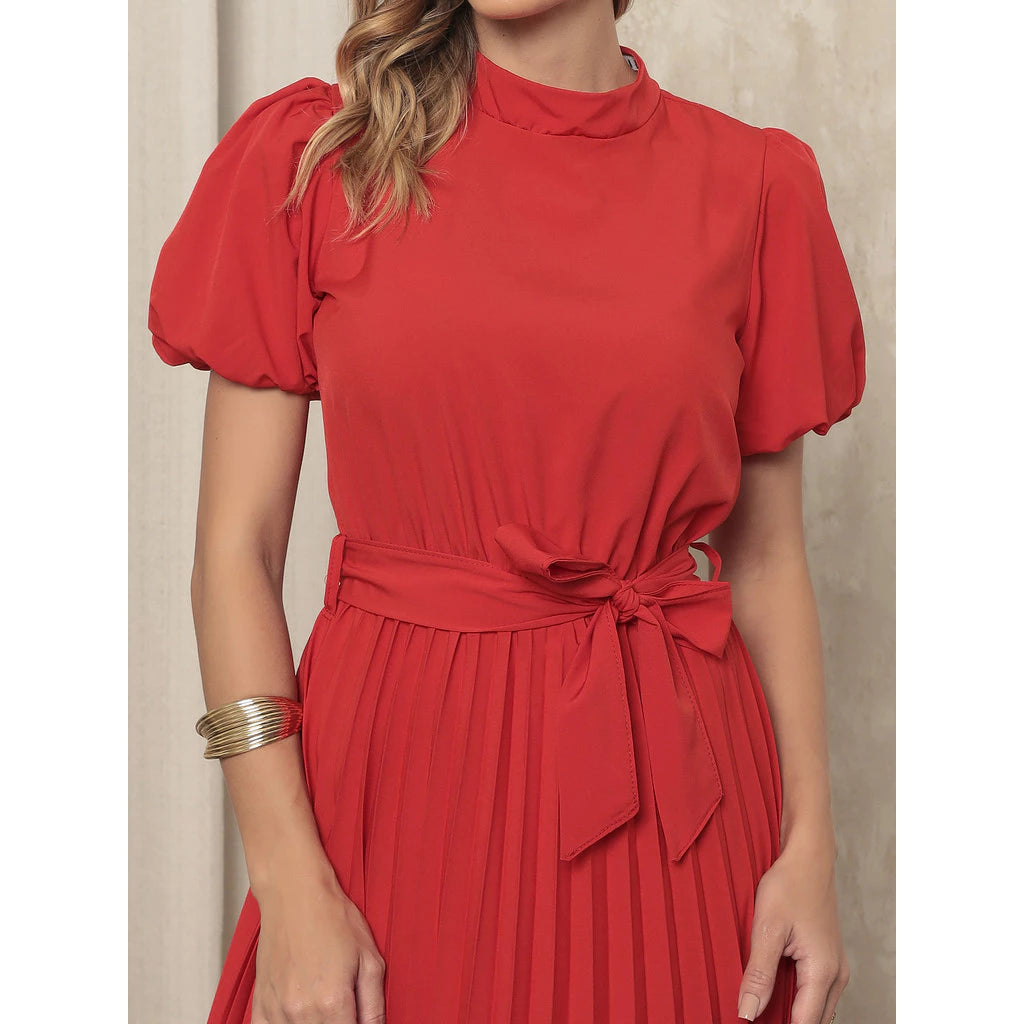 Vestido Midi Feminino em Crepinho com Mangas Bufantes, Saia Plissada e Cinto Ajustável